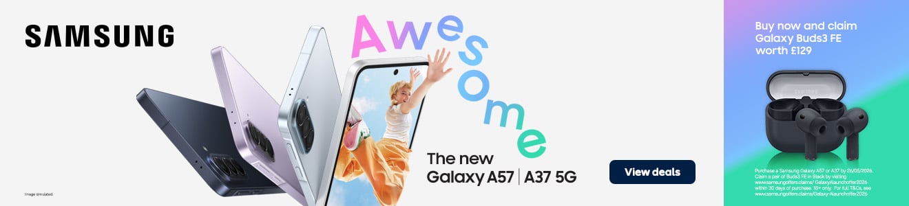 Samsung the new Galaxy A57 A37 5G. Accessible AI for all with affordable monthly payments. Awesome. Image simulated. View deals.